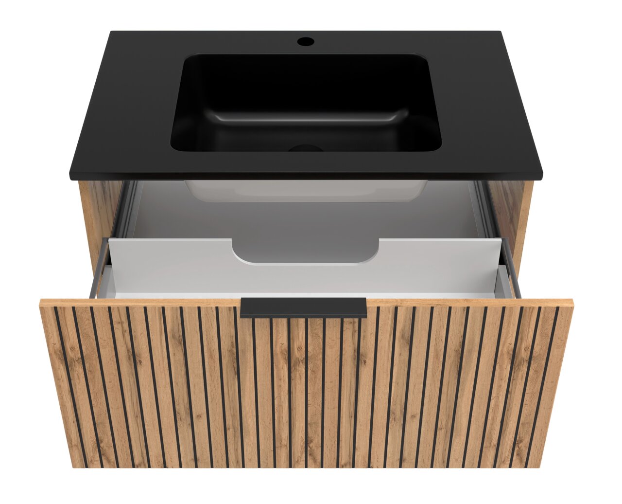 Waschtisch-Set 80 cm mit schwarzem Waschbecken und Holzfront, Perspektive von oben
