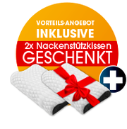 Vorteilsangebot: 2x Nackenstützkissen geschenkt – zwei weiße, gesteppte Nackenstützkissen mit roter Schleife, frontal in leichter Schrägansicht
