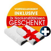 Vorteilsangebot: 2x Nackenstützkissen geschenkt – zwei weiße, gesteppte Nackenstützkissen mit roter Schleife, frontal in leichter Schrägansicht