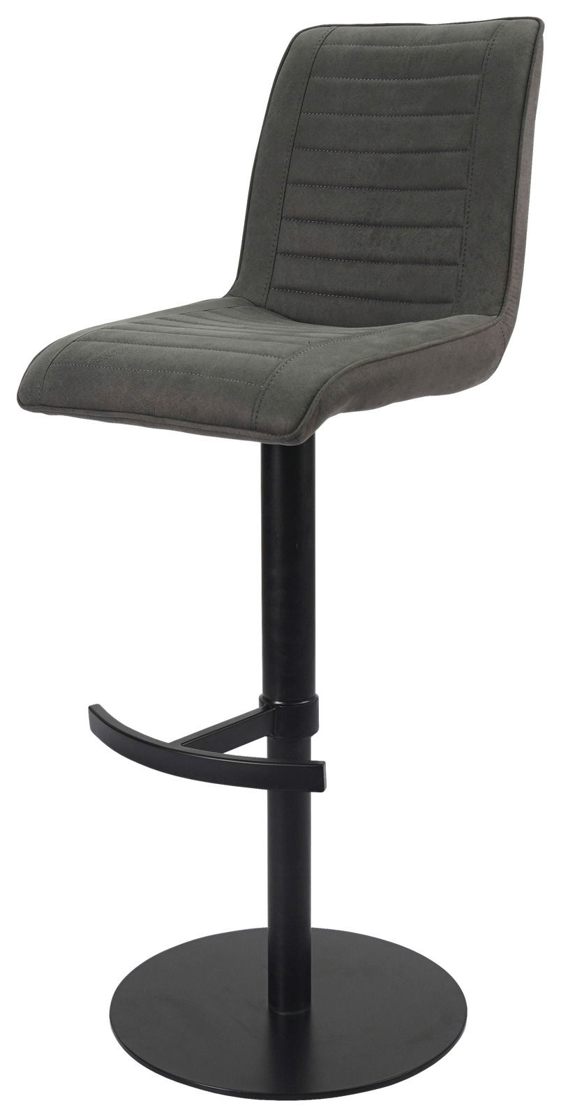 Moderner Barstuhl mit gepolstertem Sitz in Dunkelgrau, schwarzem Metallgestell und Fußstütze, seitliche Perspektive.
