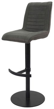Moderner Barstuhl mit gepolstertem Sitz in Dunkelgrau, schwarzem Metallgestell und Fußstütze, seitliche Perspektive.