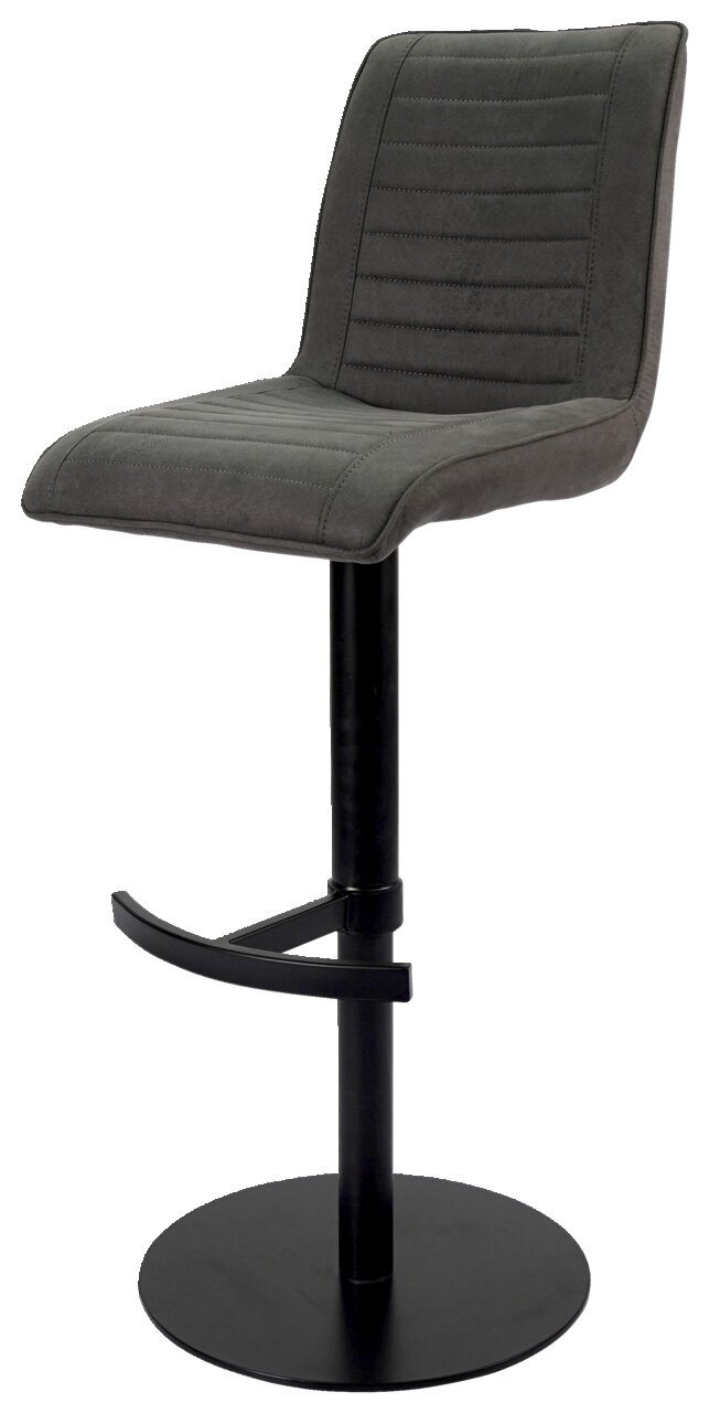 Moderner Barstuhl mit gepolstertem Sitz in Dunkelgrau, schwarzem Metallgestell und Fußstütze, seitliche Perspektive.