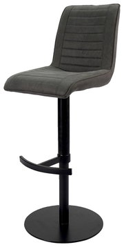 Moderner Barstuhl mit gepolstertem Sitz in Dunkelgrau, schwarzem Metallgestell und Fußstütze, seitliche Perspektive.
