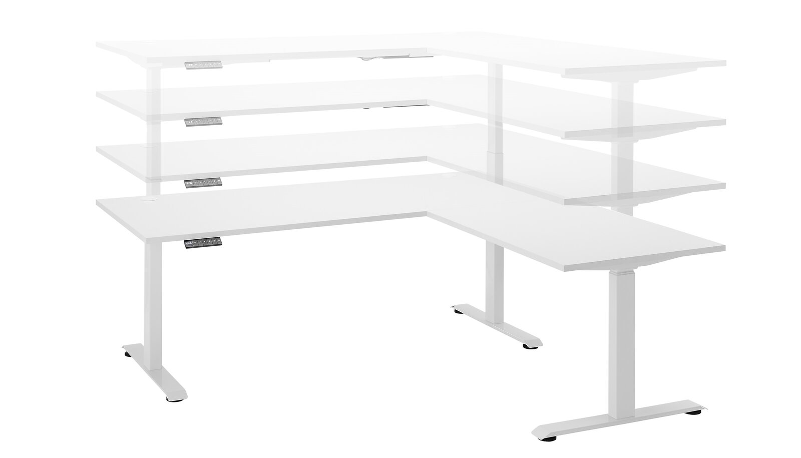 Höhenverstellbarer weißer E-Eckschreibtisch aus seitlicher Perspektive, mit mehreren Ebenen zur Anpassung der Tischhöhe.