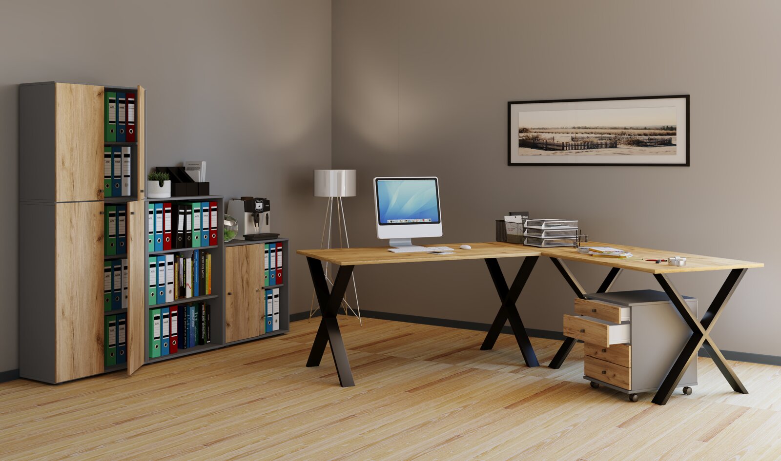 Modernes Büro mit großem Eckschreibtisch aus Holz mit schwarzen X-Beinen und rollbarem Container Perspektive: leicht schräg von vorn (Raumansicht).