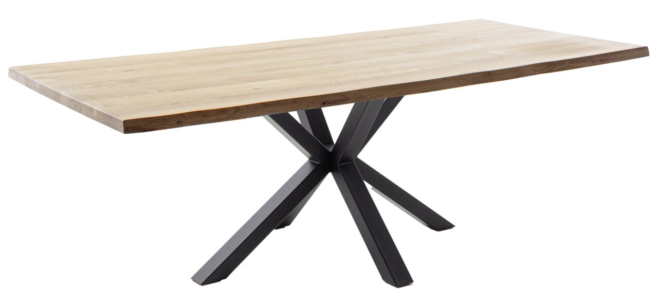 Moderner Esstisch mit Holzplatte und schwarzem Metallgestell, seitliche Perspektive