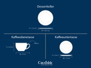 Infografik eines weißen Porzellan-Desserttellers in Draufsicht und Seitenansicht mit Maßen Ø 22,5 cm und Höhe 1,5 cm, daneben Kaffeeobertasse (200 ml) und Kaffeeuntertasse mit Maßangaben.