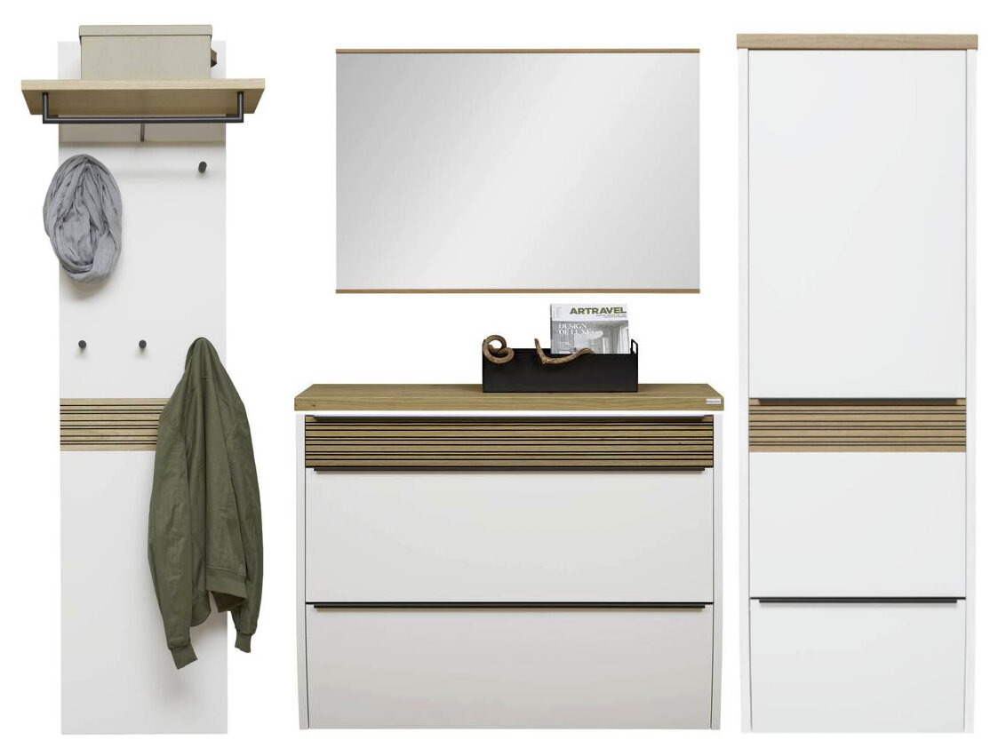 Modernes Garderoben-Set in Weiß mit Holz-Akzenten: links Wandpaneel mit Ablage und Haken, mittig Schuhschrank mit Schubladen und Spiegel, rechts hoher Schrank; Frontansicht.