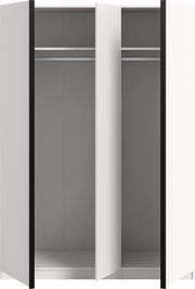 Offener weißer Kleiderschrank mit zwei Türen, Innenraum mit Kleiderstange und Ablage, frontale Ansicht