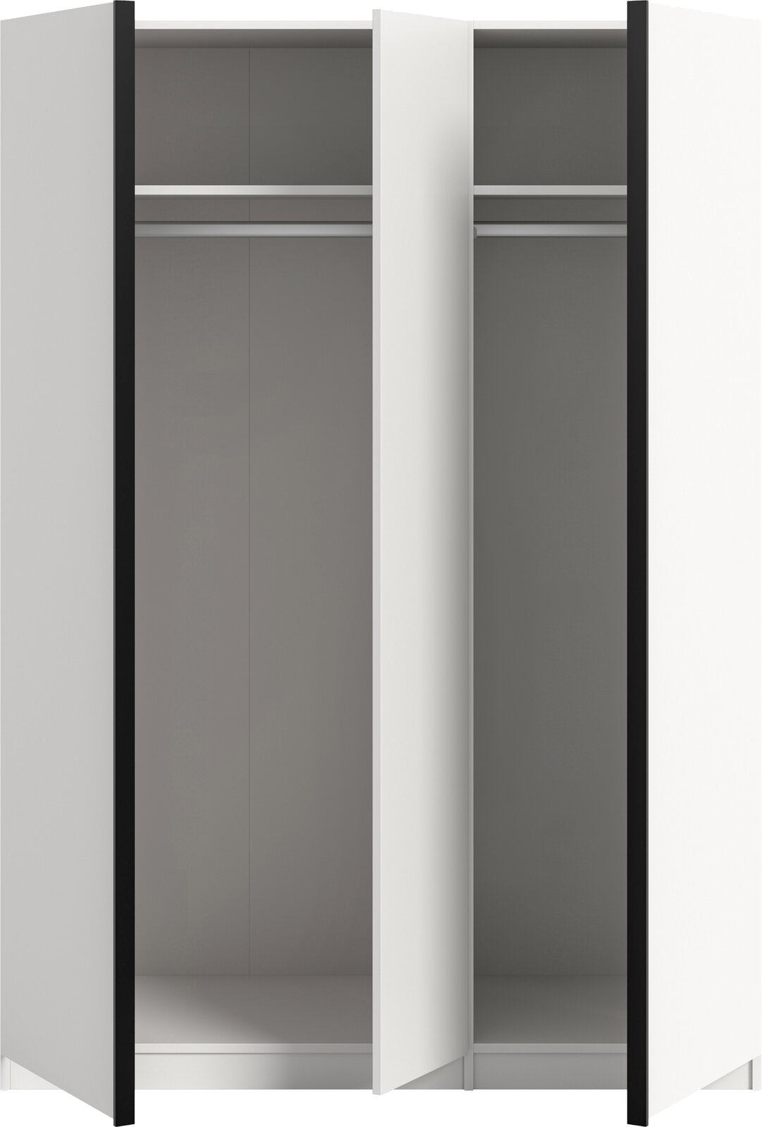 Offener weißer Kleiderschrank mit zwei Türen, Innenraum mit Kleiderstange und Ablage, frontale Ansicht