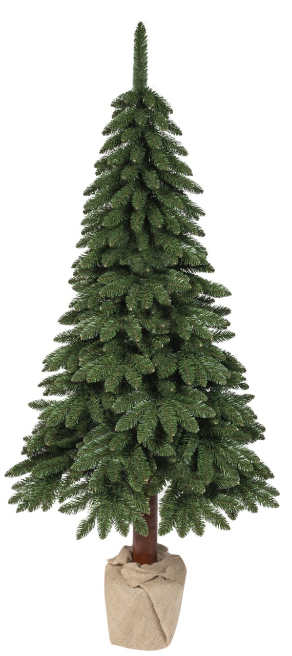 Künstlicher Weihnachtsbaum Tora Kiefer, 180 cm hoch, in Frontalansicht mit natürlichem Aussehen und Jutesack als Basis.