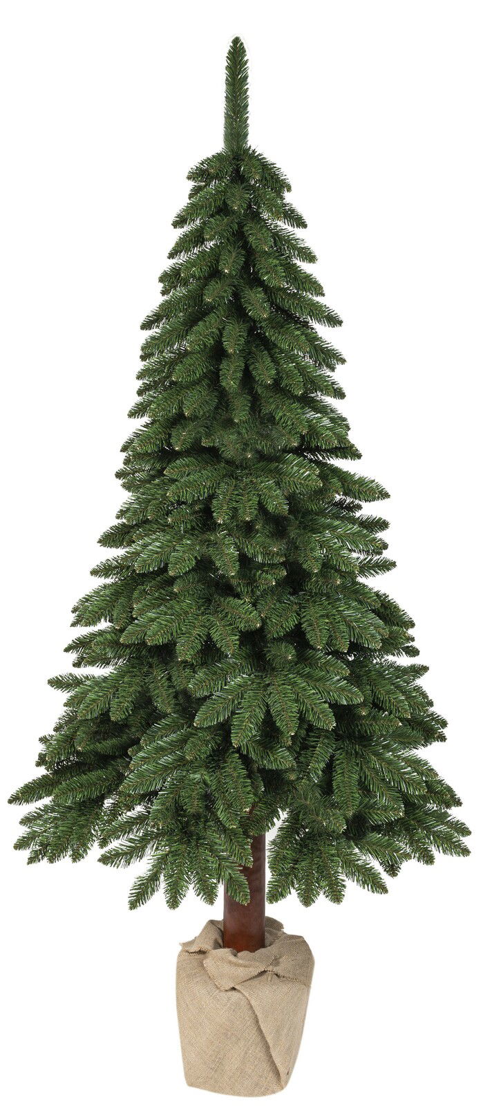 Künstlicher Weihnachtsbaum Tora Kiefer, 180 cm hoch, in Frontalansicht mit natürlichem Aussehen und Jutesack als Basis.