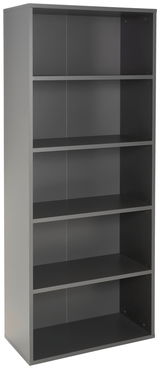 Graues Aktenregal mit fünf offenen Fächern, frontal betrachtet.