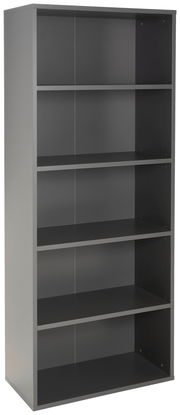 Graues Aktenregal mit fünf offenen Fächern, frontal betrachtet.