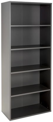 Graues Aktenregal mit fünf offenen Fächern, frontal betrachtet.