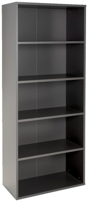 Graues Aktenregal mit fünf offenen Fächern, frontal betrachtet.