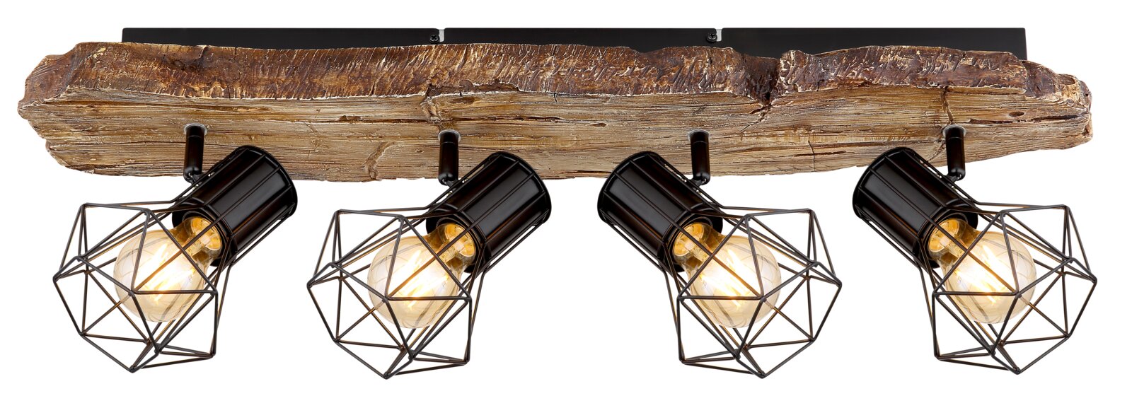 Deckenstrahler mit vier schwarzen, geometrischen Lampenschirmen und rustikalem Holzbalken, seitliche Perspektive