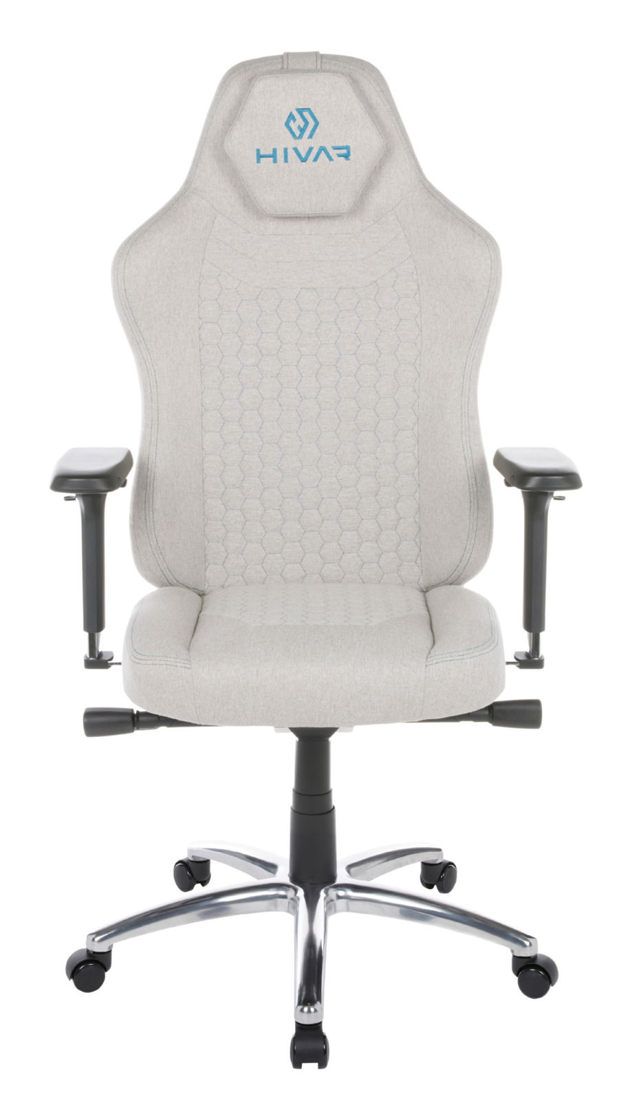 Frontansicht eines grauen Gaming-Stuhls mit verstellbaren Armlehnen und einem stabilen Metallfuß.