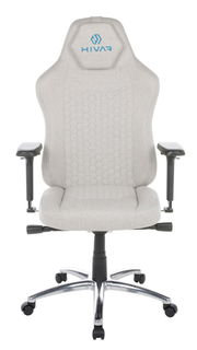 Frontansicht eines grauen Gaming-Stuhls mit verstellbaren Armlehnen und einem stabilen Metallfuß.