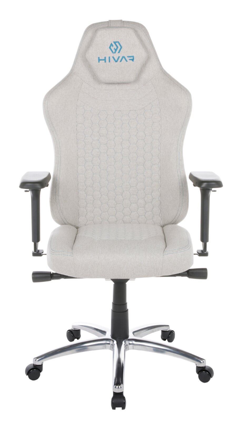 Frontansicht eines grauen Gaming-Stuhls mit verstellbaren Armlehnen und einem stabilen Metallfuß.