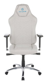 Frontansicht eines grauen Gaming-Stuhls mit verstellbaren Armlehnen und einem stabilen Metallfuß.