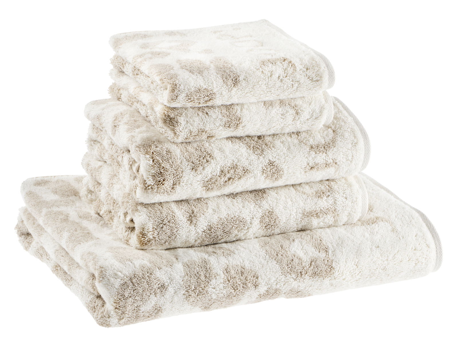 JOOP! Frottierset 5-teilig LEO Stapel von beigen Handtüchern mit Leopardenmuster, seitliche Perspektive