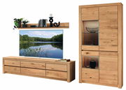 Moderne Wandkombination aus Holz mit TV-Board, Regal und Vitrine, frontal betrachtet.