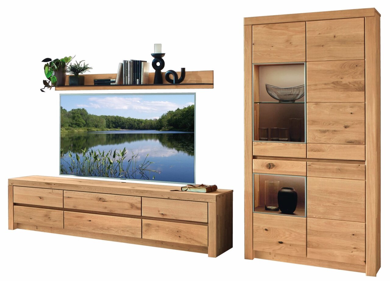 Wöstmann Markenmöbel Wandcombinatie SOLEO 3000 Moderne wandcombinatie van hout met tv-meubel, boekenkast en vitrinekast, gezien vanaf de voorkant.