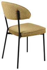 Rückansicht eines modernen Stuhls mit schwarzem Metallrahmen und beige gepolstertem Sitz und Rückenlehne.