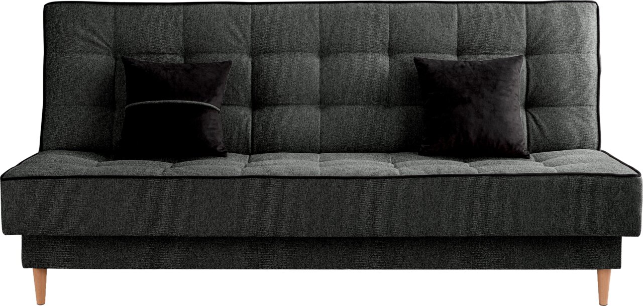 Frontale Ansicht eines grauen 3-Sitzer Schlafsofas mit zwei schwarzen Kissen.