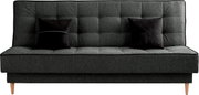 Frontale Ansicht eines grauen 3-Sitzer Schlafsofas mit zwei schwarzen Kissen.