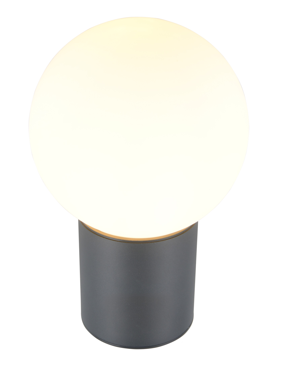 Moderne Aussenwandleuchte mit kugelförmigem, weißem Lampenschirm und zylindrischem, dunklem Sockel, seitliche Perspektive