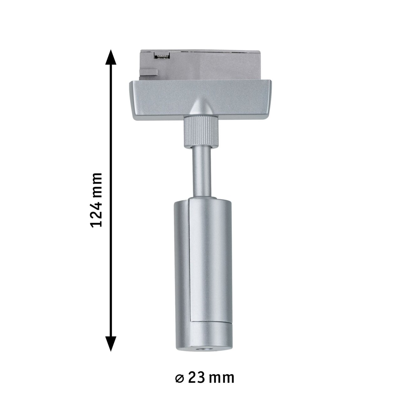 Pendeladapter PAULMANN URAIL in silberner Farbe, seitliche Ansicht, 124 mm hoch und 23 mm Durchmesser.