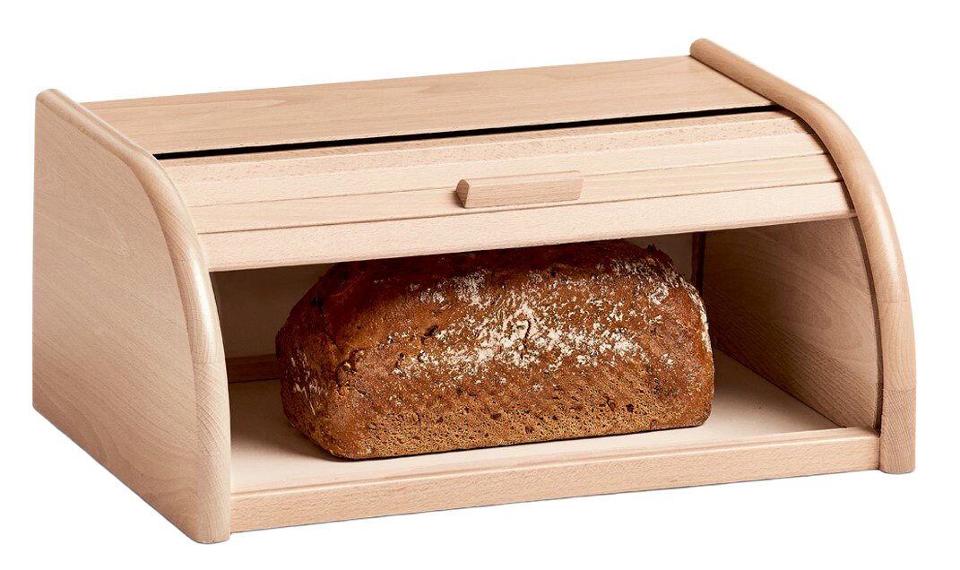 Holz-Rollbrotkasten mit einem Laib Brot, frontal betrachtet