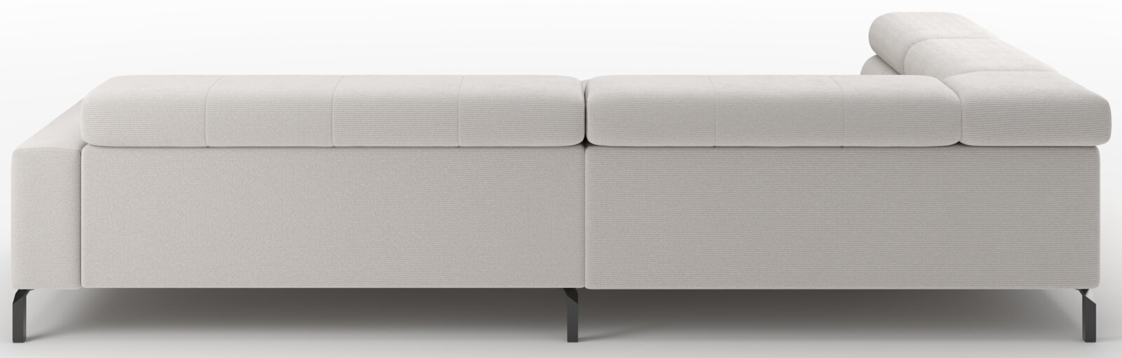 Lichtgrijze stoffen hoekbank met chaise longue en verstelbare hoofdsteun, zijaanzicht op witte achtergrond