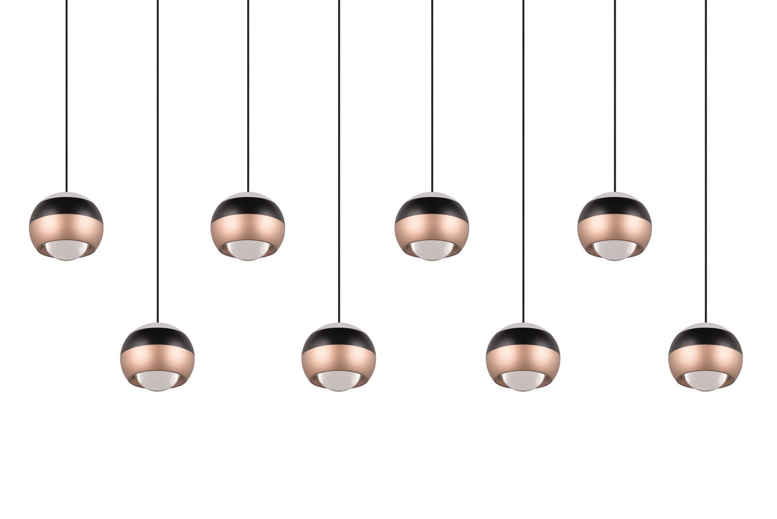 Mehrere moderne Pendelleuchten in Kugelform mit schwarzem und kupferfarbenem Design, von unten betrachtet.