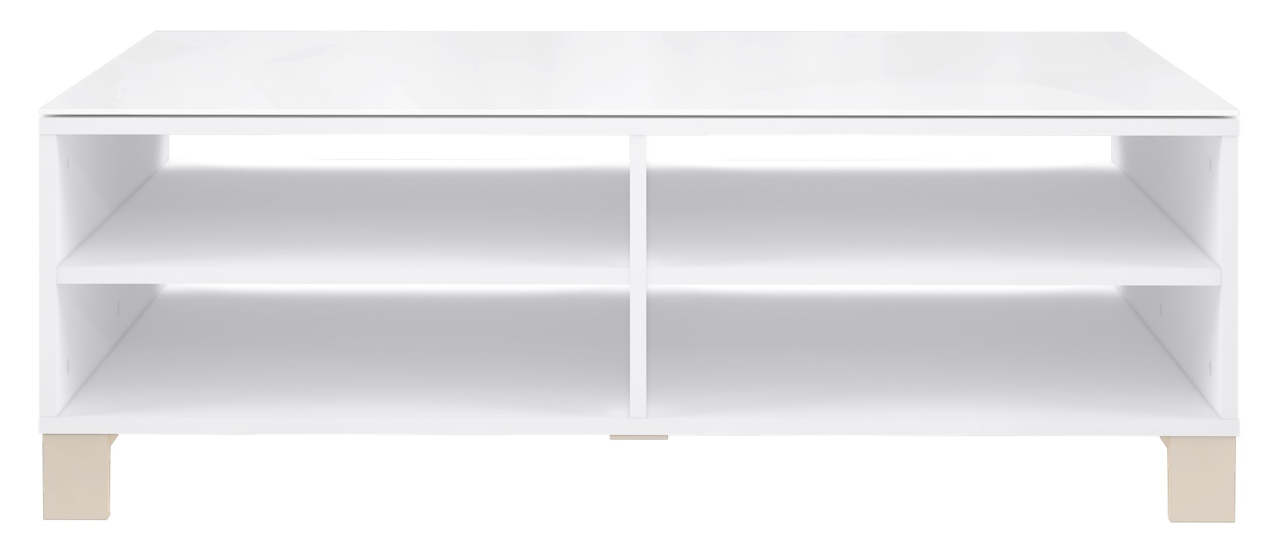 Moderner weißer Couchtisch mit zwei offenen Regalfächern, frontal betrachtet.
