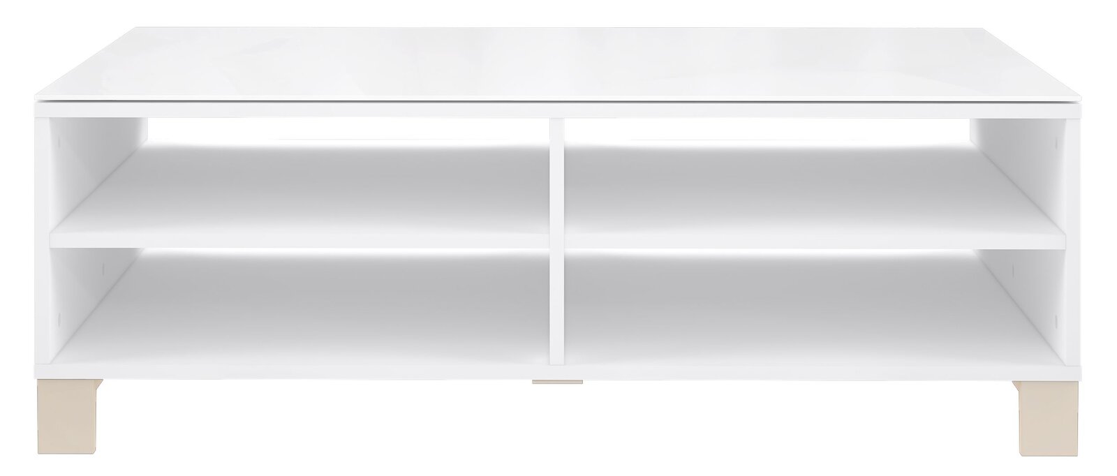 Moderner weißer Couchtisch mit zwei offenen Regalfächern, frontal betrachtet.