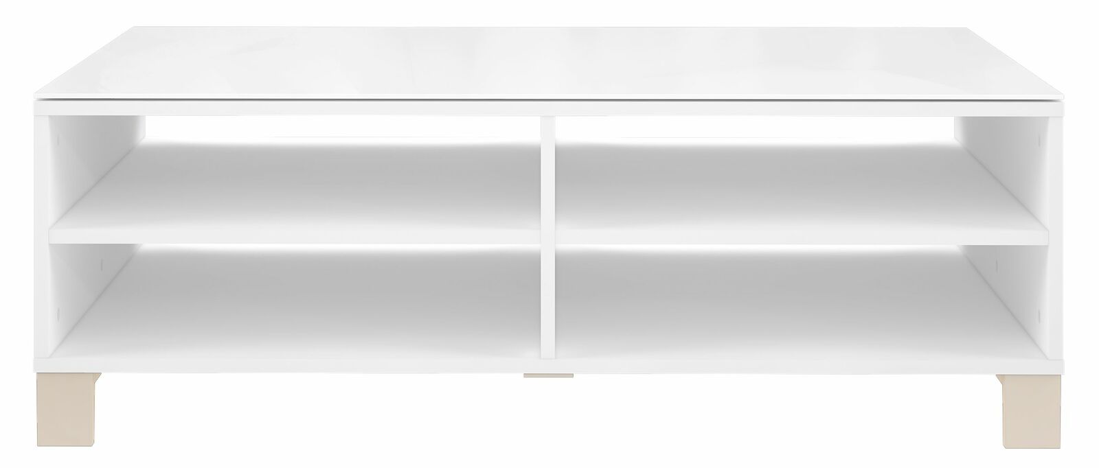 Moderner weißer Couchtisch mit zwei offenen Regalfächern, frontal betrachtet.