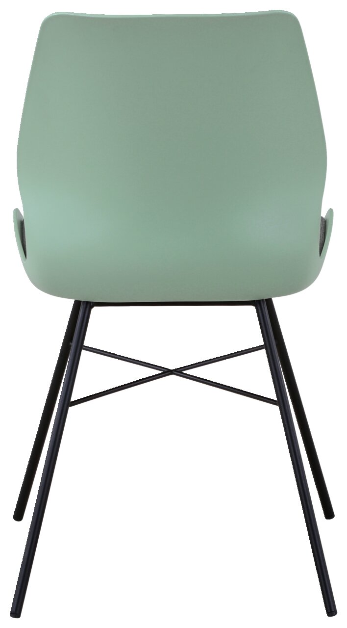 Rückansicht eines modernen Stuhls mit grünem Sitz und schwarzen Metallbeinen.