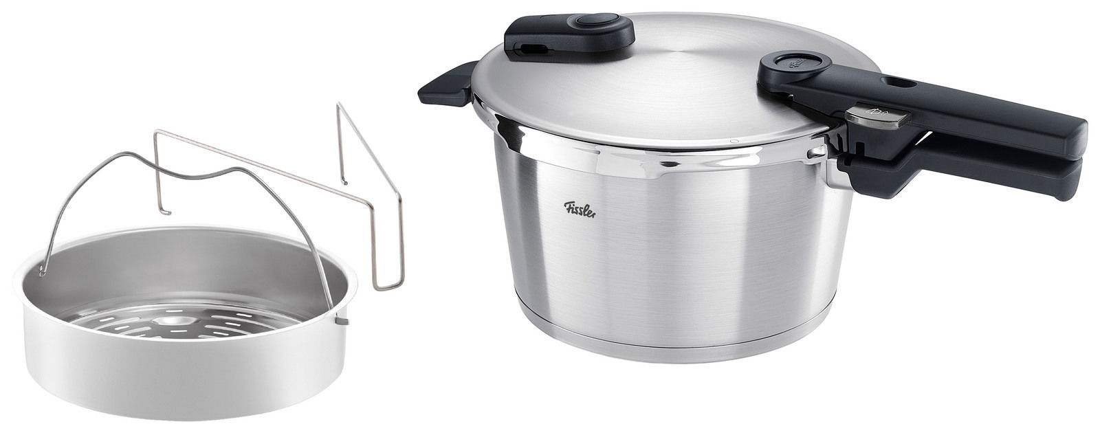 Fissler Schnellkochtopf 4,5l VITAQUICK PREMIUM Schnellkochtopf aus Edelstahl mit Einsatz, seitliche Perspektive