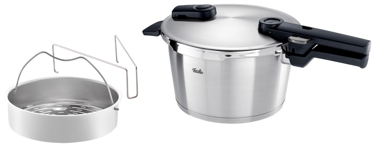 Fissler Schnellkochtopf 4,5l VITAQUICK PREMIUM Schnellkochtopf aus Edelstahl mit Einsatz, seitliche Perspektive