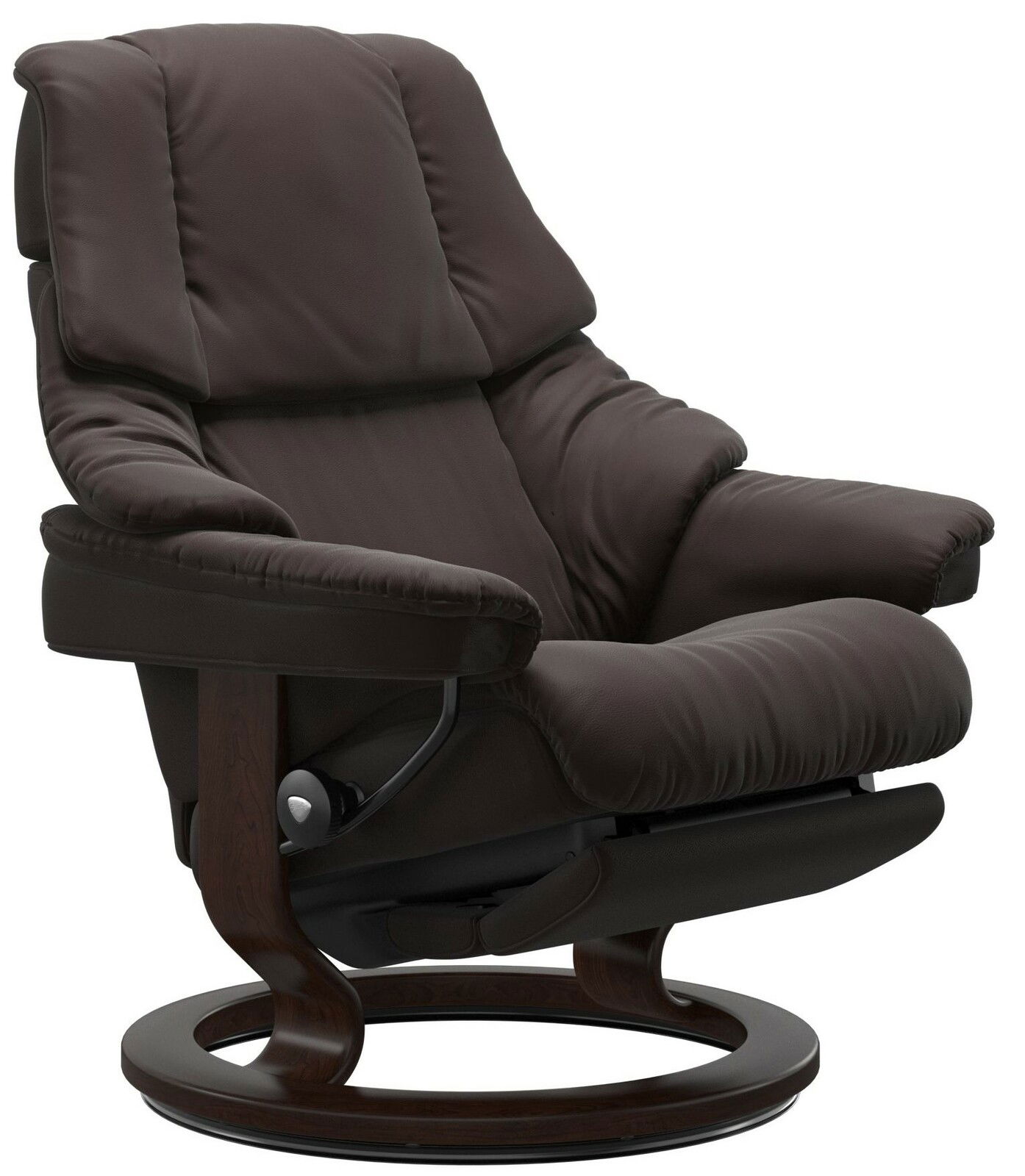 Bequemer brauner Einzelsessel mit Holzgestell, seitliche Perspektive