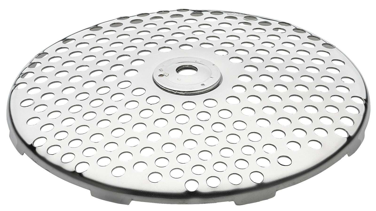 Metallscheibe mit vielen Löchern, seitliche Perspektive