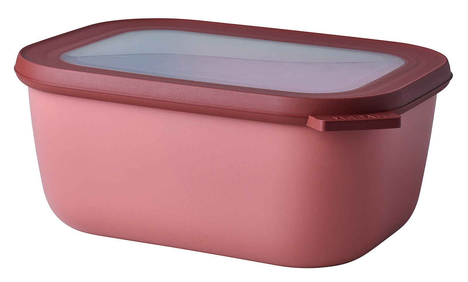 Mepal Multischüssel Vivid Mauve CIRQULA Rechteckige, rosafarbene Multischüssel mit transparentem Deckel, seitliche Perspektive