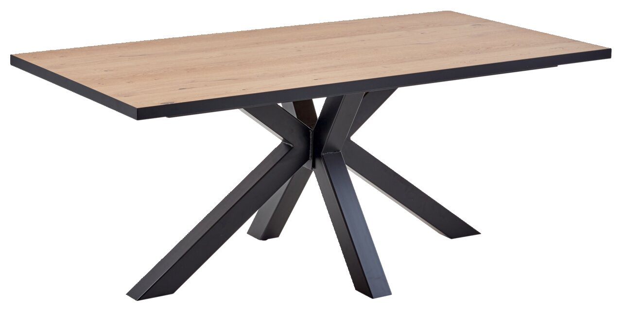 Moderner Esstisch mit Holzplatte und schwarzem Metallgestell, seitliche Perspektive