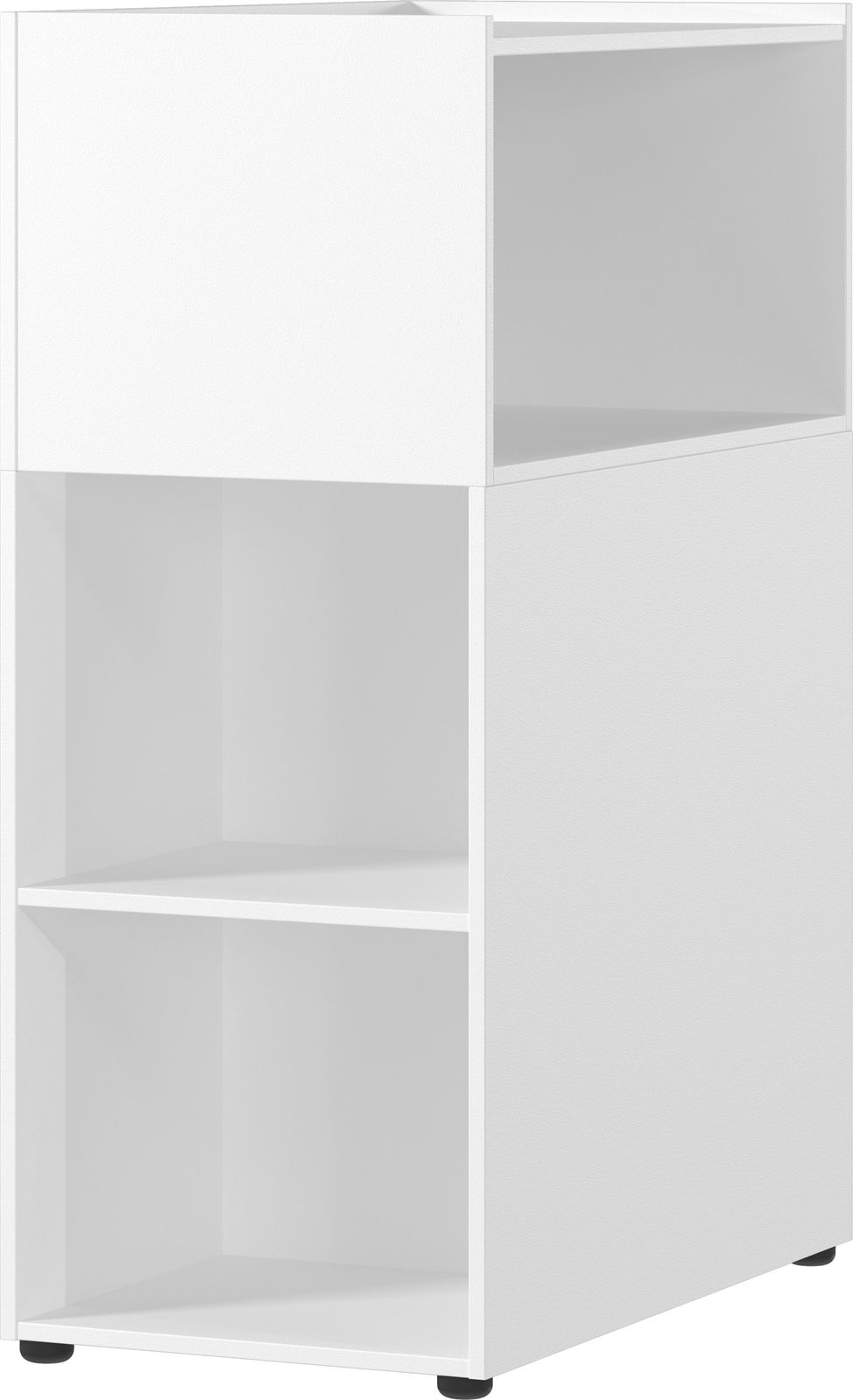 Weißer Raumteiler mit drei offenen Fächern, perspektivisch von vorne rechts gesehen.