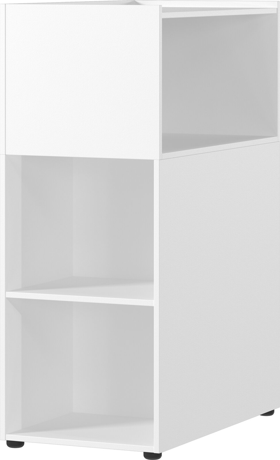 MID.YOU Raumteiler MAILAND Weißer Raumteiler mit drei offenen Fächern, perspektivisch von vorne rechts gesehen.