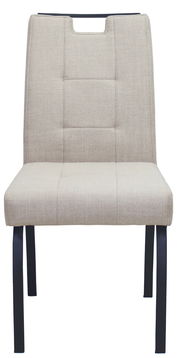 Moderner Stuhl mit beigem Stoffbezug und schwarzen Metallbeinen, Frontalansicht