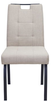 Moderner Stuhl mit beigem Stoffbezug und schwarzen Metallbeinen, Frontalansicht